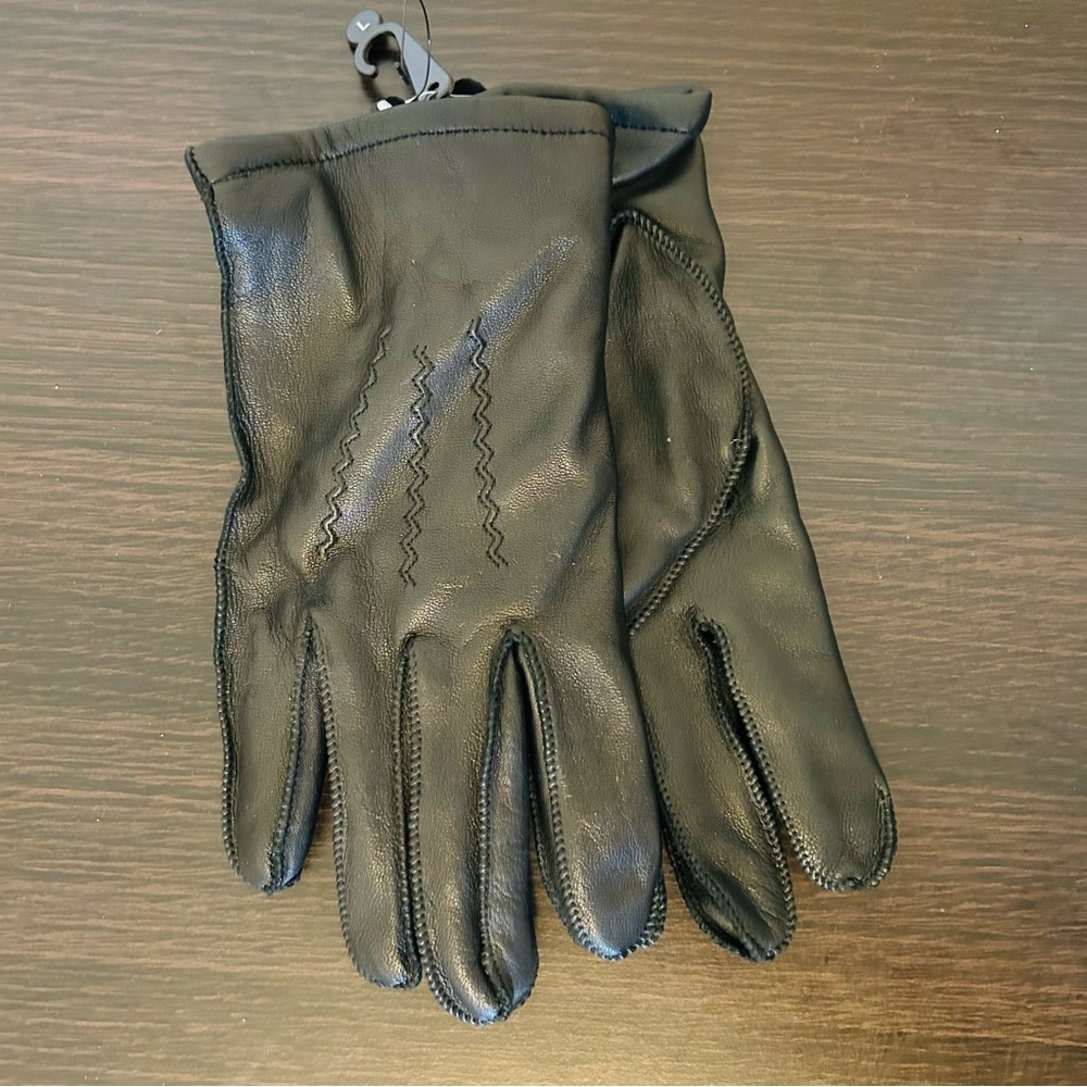NEW FOWNES Leather Black Cashmere Gloves Size Large